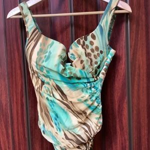 Turquoise & taupe one-piece swimsuit